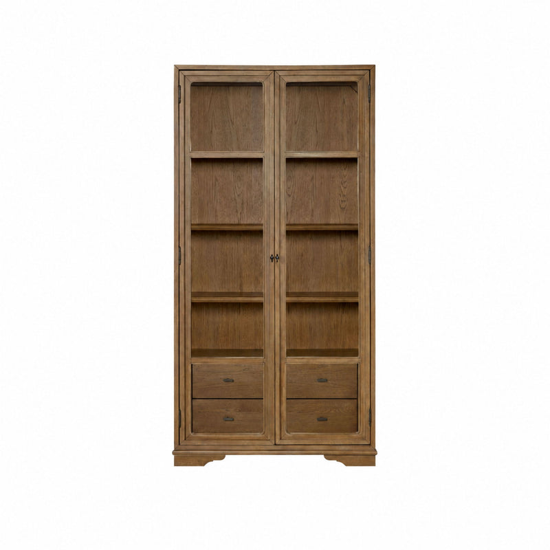 Tall Display Cabinet With Glass Doors And Drawers - Almond