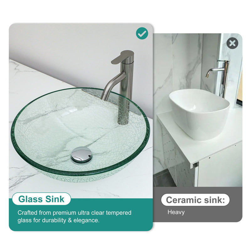Crackle Vessel Sink, Round Bowl With Pop Up Drain - Clear
