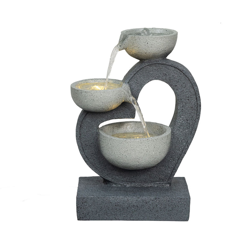 3 Tier Outdoor Water Fountain With Warm LED Lights, Stone Textured Cascading Design For Patio - Gray