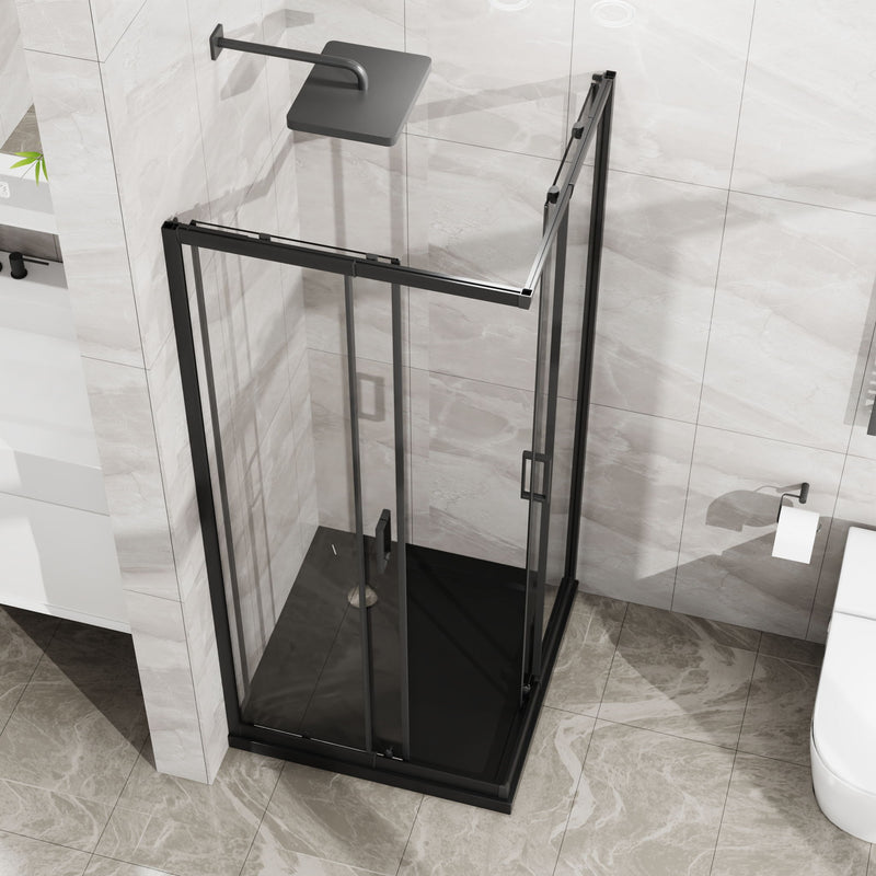 Corner Sliding Shower Door And Shower Base Combo Kit No Drain Kit - Matte Black
