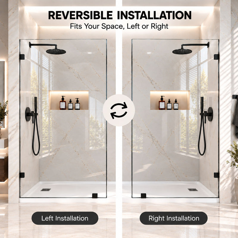 Frameless Bathtub Shower Screen, Reversible Installation