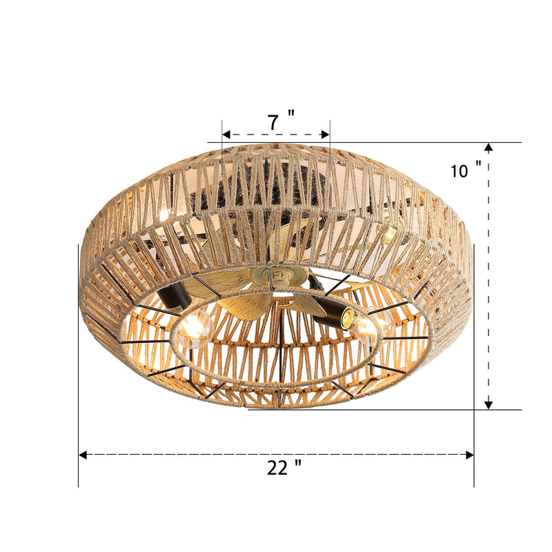22" Caged Ceiling Fan With DC Motor, 6 Speeds Remote Control For Living Room - Rattan