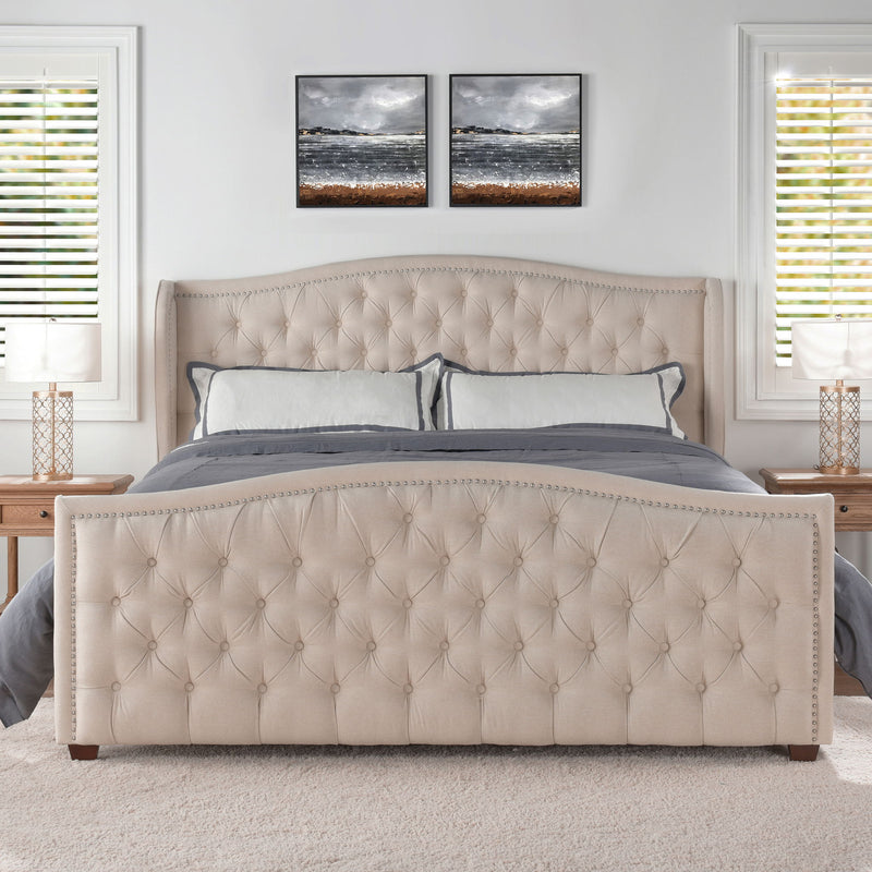 Marcella - King Upholstered Shelter Headboard Bed Set - Beige
