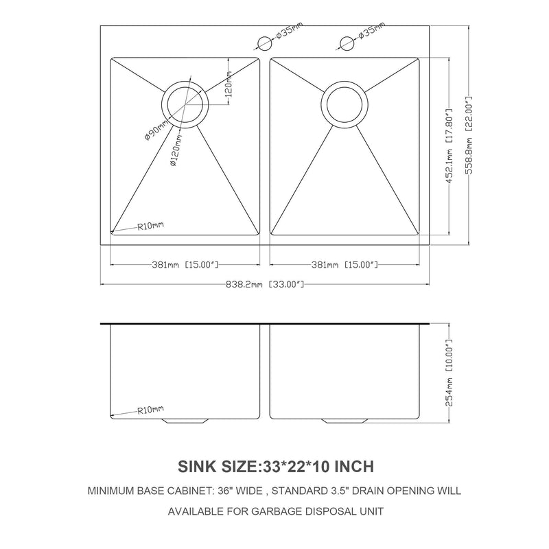 Double Bowl Drop In Kitchen Sink 33" X 22" With 16 Gauge Stainless Steel And 2 10" Deep Basins - Gunmetal Black