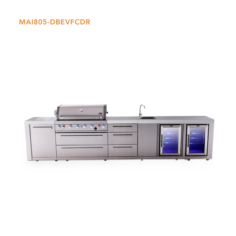 Mont Alpi 6-Burner Deluxe Island with Beverage Center, Fridge and Extra Drawer Cabinet