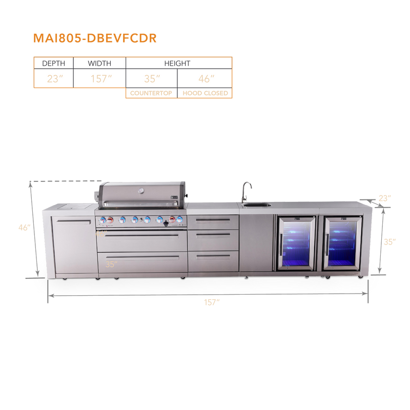 Mont Alpi 6-Burner Deluxe Island with Beverage Center, Fridge and Extra Drawer Cabinet