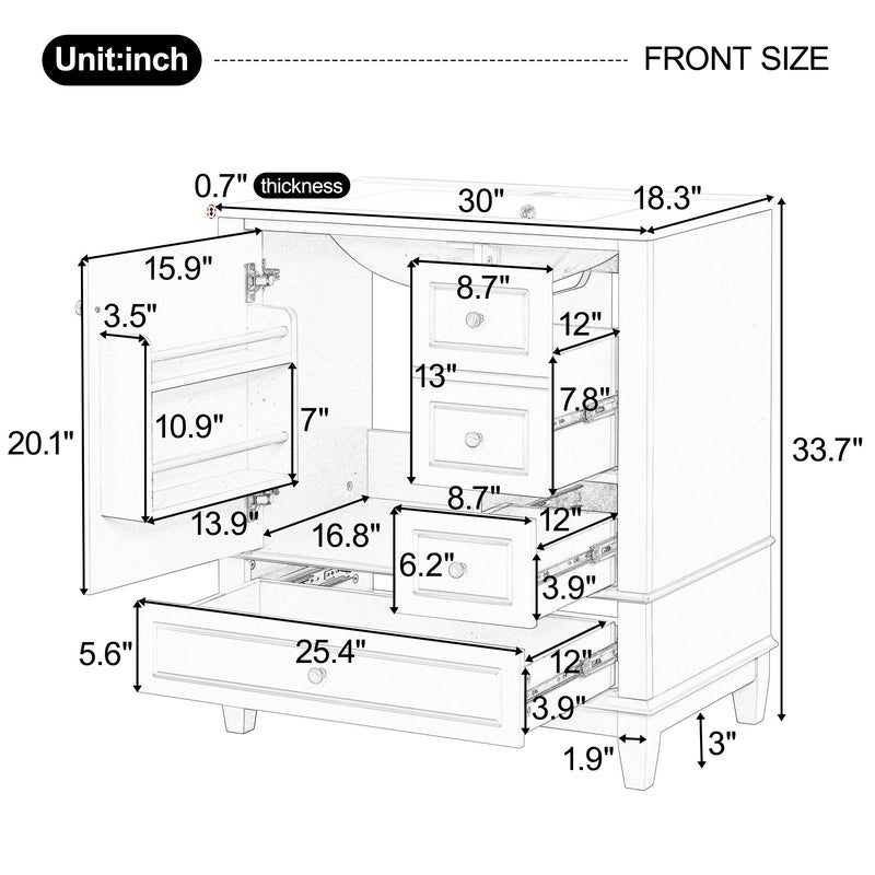 Freestanding Bathroom Vanity With Sink, Soft Close Door, 3 Drawers