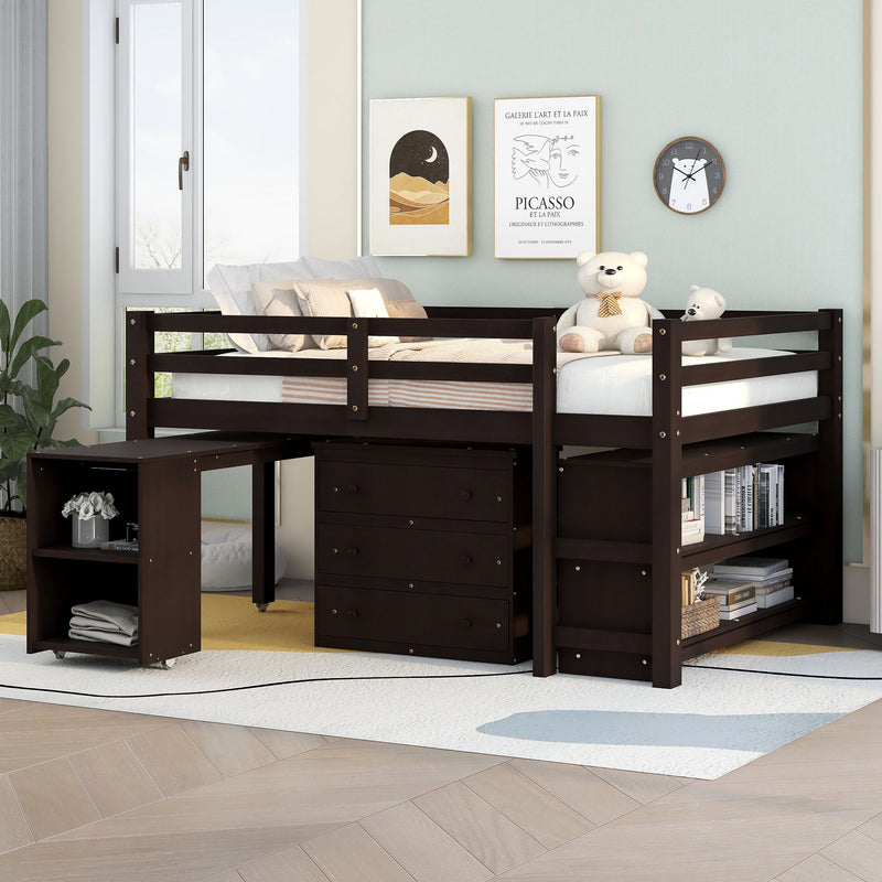 Loft Low Study Bed With Cabinet, Shelves And Rolling Portable Desk, Multiple Functions