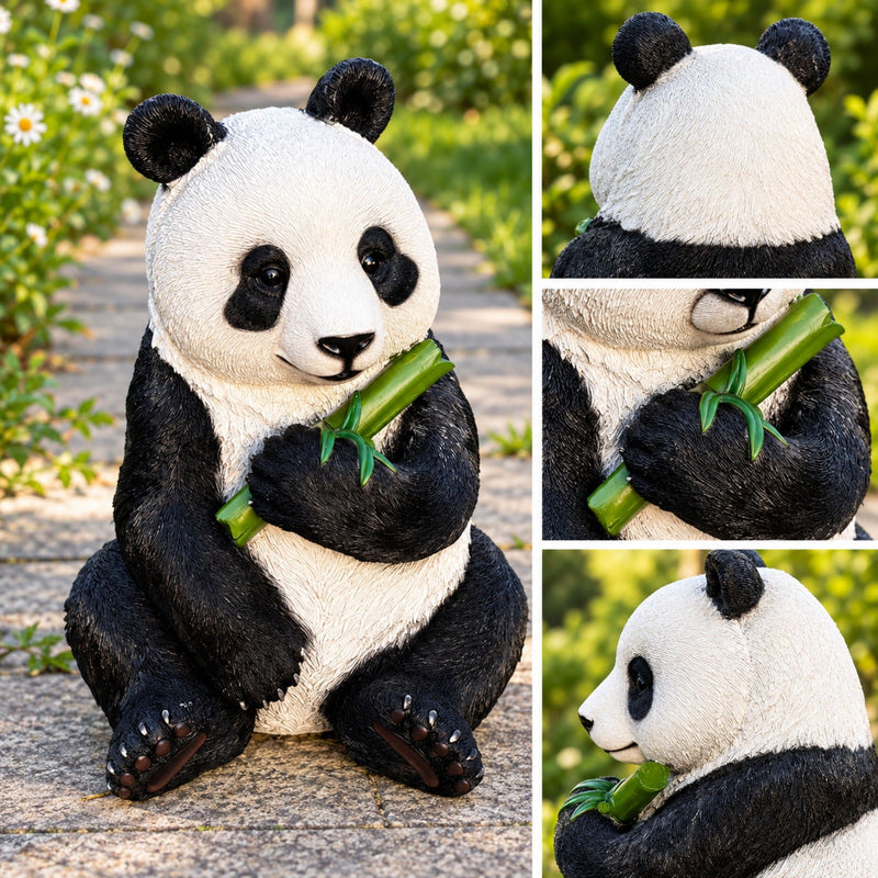 Panda Garden Statue, Sitting Animal Sculpture With Bamboo For Patio - Black White