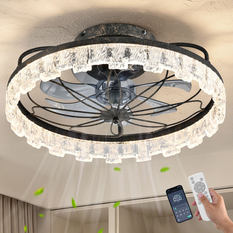 21" Caged Ceiling Fan With Remote Controlled Acrylic LED Lights - Antique Black
