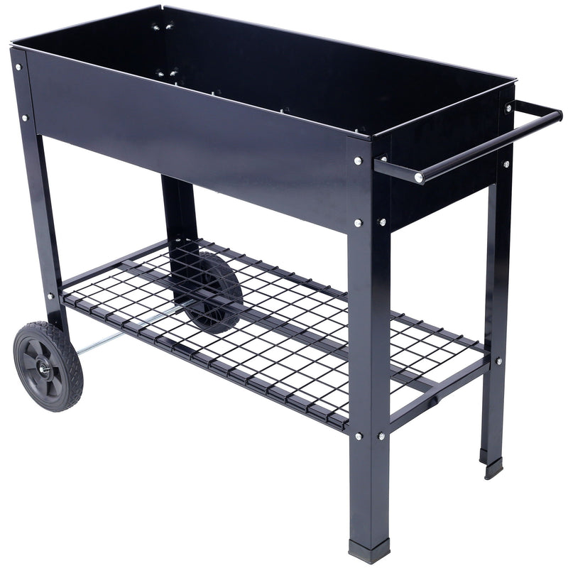 Elevated Mobile Raised Ergonomic Metal Planter Garden Bed With Wheels Powder Coated Steel - Black