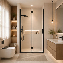 Load image into Gallery viewer, Semi Frameless Bifold Shower Door, Reversible Pivot Hinge, Space Saving Bathroom Panel - Matte Black
