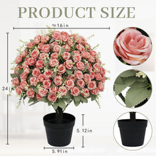 Load image into Gallery viewer, Artificial Rose Decoration With UV Resistant Silk Petals, Durable Stems In Cement Pot, Indoor Outdoor Potted Floral Arrangement - Green / Pink
