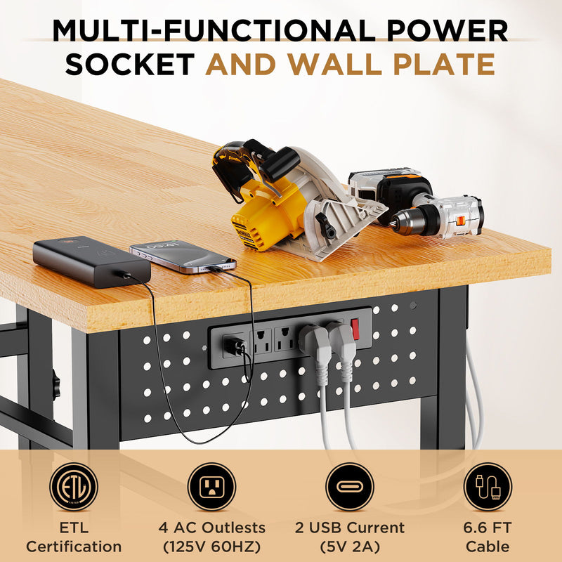 Adjustable Workbench, Side Pegboard, 4 Height Settings, Power Outlet, Storage Box, Wheels Or Leveling Feet - Black