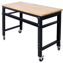 Load image into Gallery viewer, Wide Rolling Workbench For Garage, Adjustable Height, Workshop Tool Bench, Metal With Rubber Wood Top
