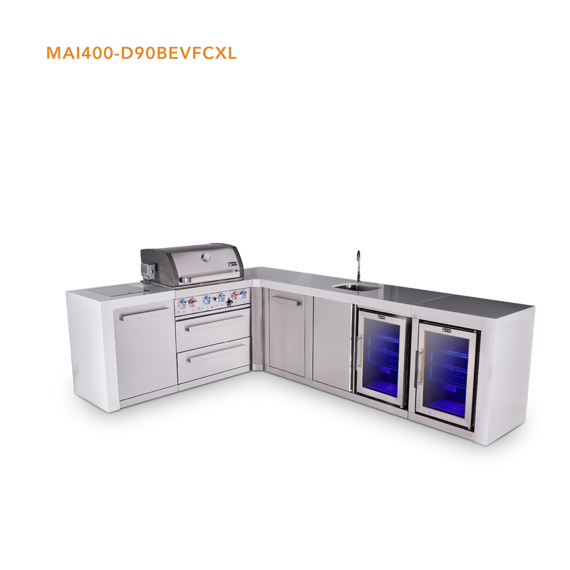 Mont Alpi 4-Burner Deluxe Series w/90 Degree Corner, Beverage Center, Fridge and Extra Cabinet