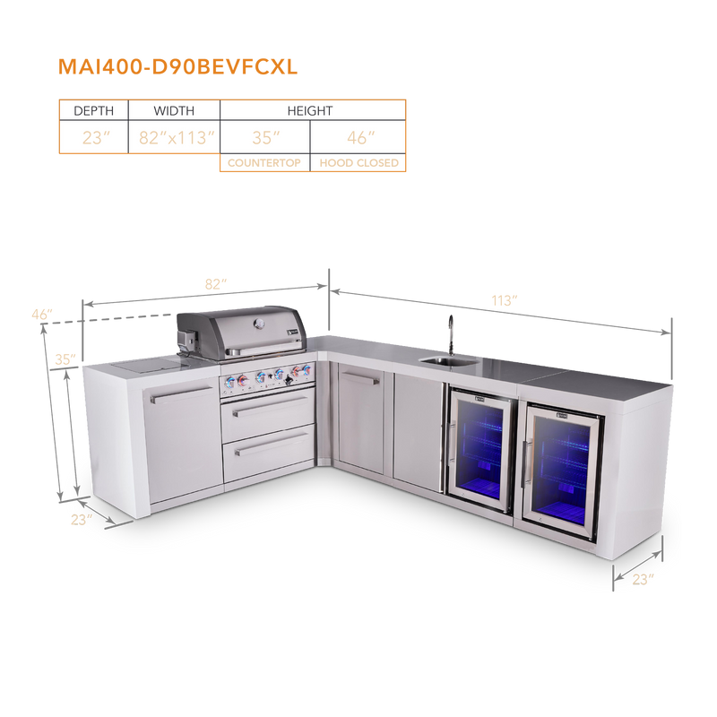 Mont Alpi 4-Burner Deluxe Series w/90 Degree Corner, Beverage Center, Fridge and Extra Cabinet