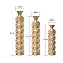 Load image into Gallery viewer, Metal Decorative Vase High Distress Metal Center Vase With 3D Triangle Pattern, (Set of 3) Vases For Home Decoration - Gold
