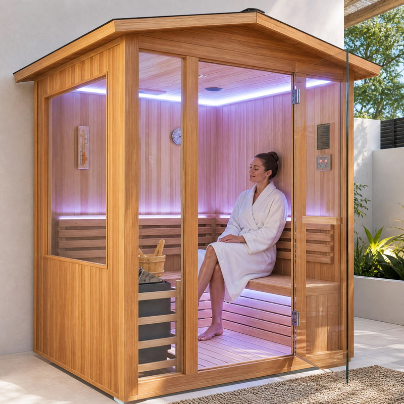 6000W 240V Outdoor Steam Sauna For 4 People - Ameican White Oak