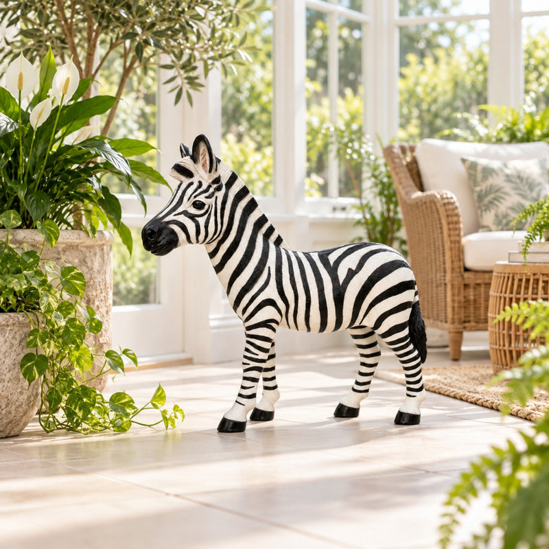 Standing Zebra Garden Statue, Animal Sculpture With 2 Ground Stakes For Outdoor Decor - Black White