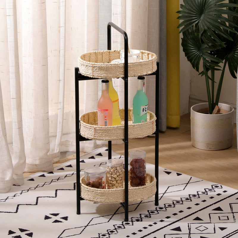 Farmhouse Style 3 Tiers Tray Tables Paper Rope Woven Side Table With Oval Storage Basket - Natural