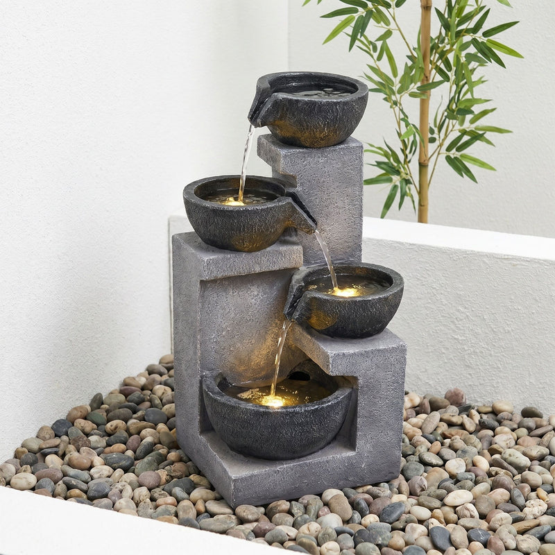 4 Tier Cascading Water Fountain With Warm LED Lights, Quiet Pump For Patio - Gray