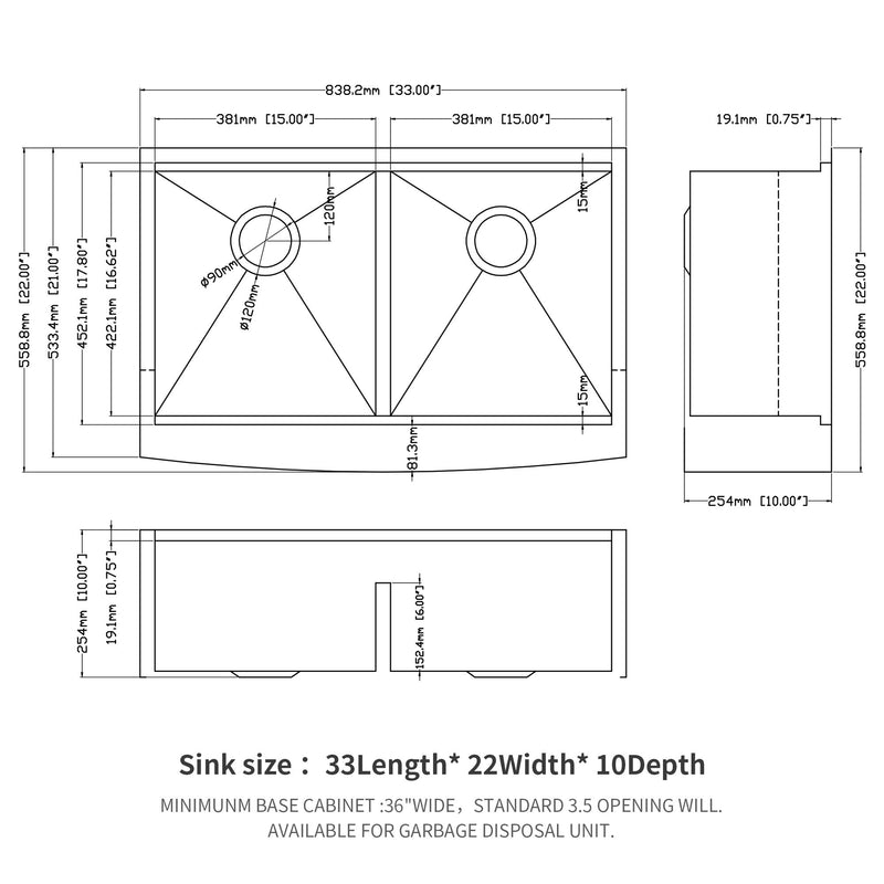 Farmhouse Double Bowl Workstation Kitchen Sink 33" Stainless Steel 16 Gauge Apron Front, Finish - Brushed Nickel