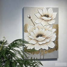 Load image into Gallery viewer, Lotus Flower Canvas Wall Art, Hand Painted Thick Textured Floral Painting With Accents, Neutral Decor For Living Room - Antique White / Gray
