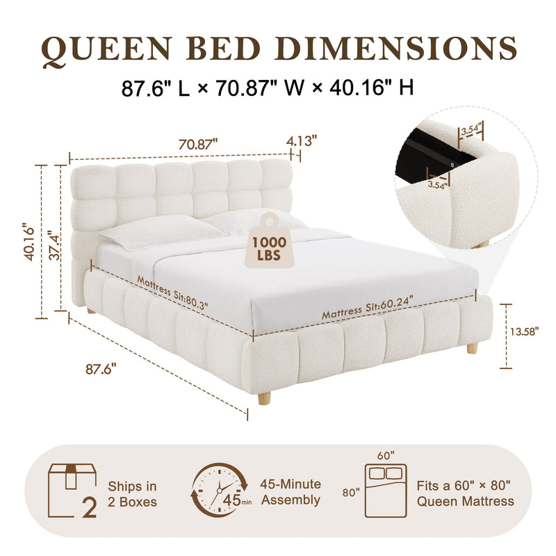 Pula - Queen Platform Bed With Upholstered Headboard, Slat Support, No Box Spring Needed - Ivory