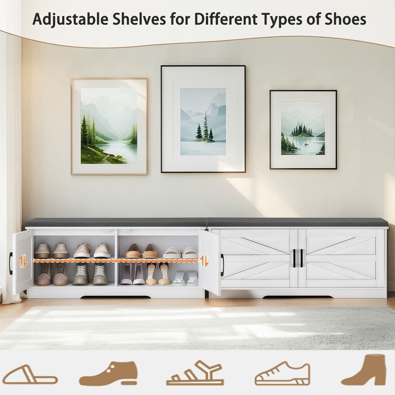 2 Tier Shoe Bench With Padded Seat, 2 Barn Doors And Adjustable Shelves, For Entryway And Living Room - White