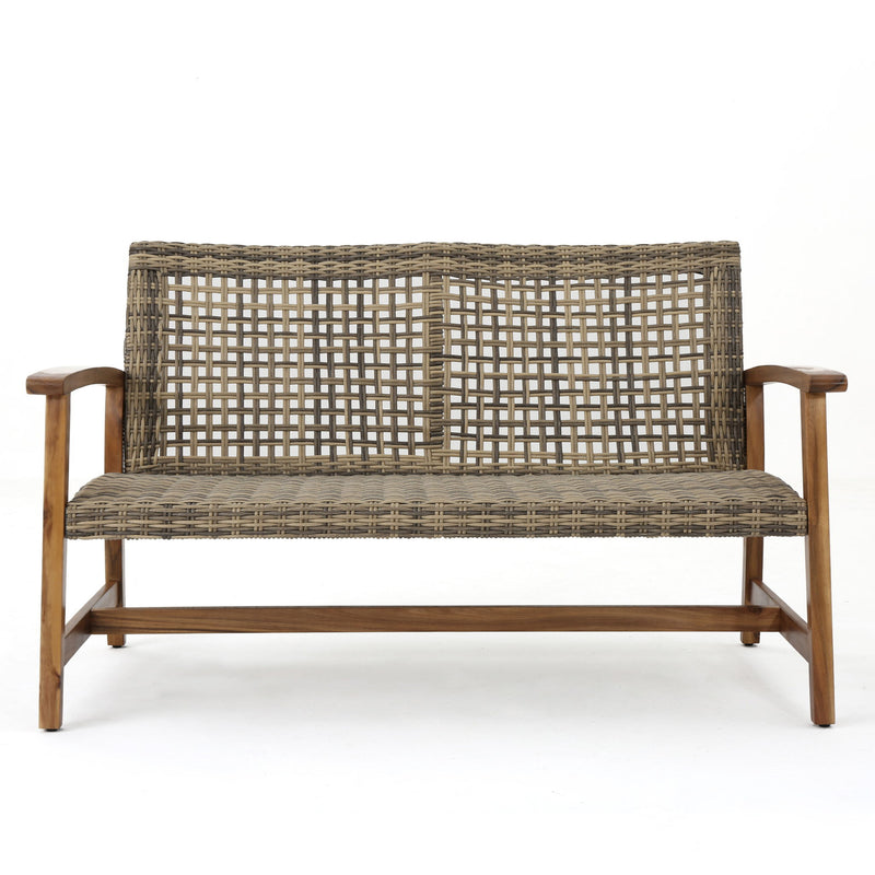 Outdoor Rattan Loveseat With Wooden Legs - Natural / Gray
