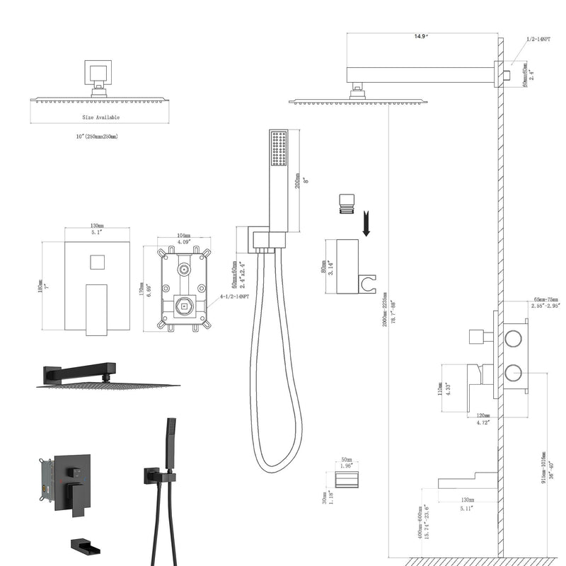 Wall Mounted Square Shower System With Rainfall Tub Spout And Handheld Shower, 10" - Matte Black