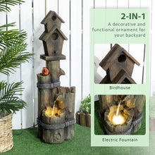 Load image into Gallery viewer, Outsunny - Outdoor Fountain With Birdhouse, Cascading Garden Waterfall Bird Bath With 3 Tier Rustic Tree Trunk / Log Design, LED Lights For Porch, Deck, Yard Decor - Brown
