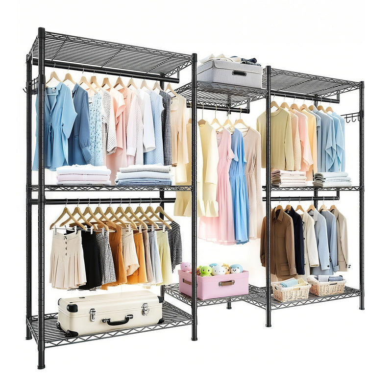 Heavy Duty Garment Rack With 8 Adjustable Wire Shelves And 5 Clothes Rails, Freestanding Closet Organizer Metal - Black