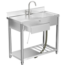 Load image into Gallery viewer, Outdoor Utility Sink With Workbench &amp; Storage Shelf, Freestanding Prep Table With Left Drawer, Garden Patio Sink Station With 360° Hot &amp; Cold Water Faucet - Silver
