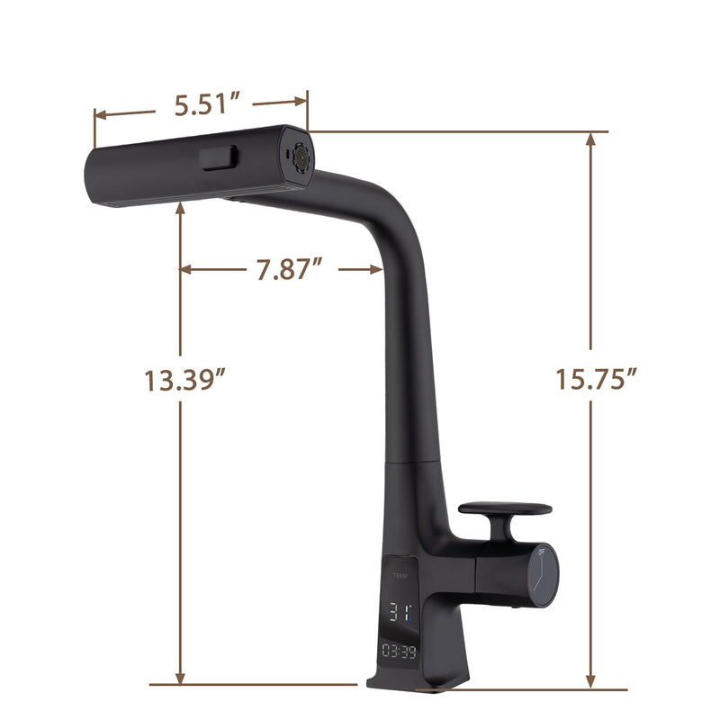 Waterfall Kitchen Faucet With Temperature Display And Pull Down Sprayer