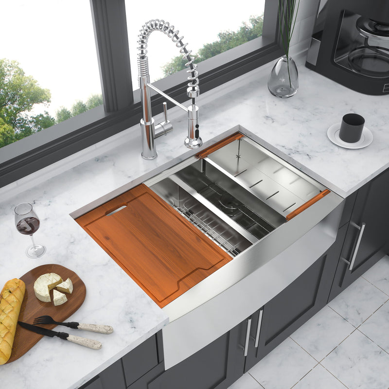 Double Bowl Farmhouse Sink Workstation 33" Stainless Steel 16 Gauge Apron Front - Brushed Nickel