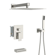 Load image into Gallery viewer, Square Shower System With Waterfall Tub Spout And Rough In Valve, Wall Mounted
