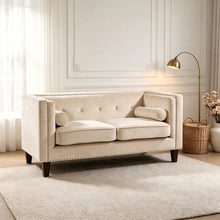 Load image into Gallery viewer, Button Tufted Square Arm Loveseat Sofa With Nailhead Trim, Upholstered 2 Seater Couch - Ivory

