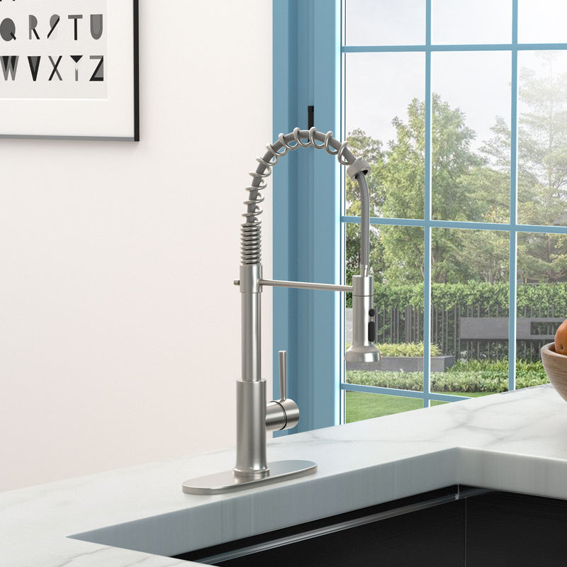 21" Commercial Kitchen Faucet With Dual Function Pull Down Sprayhead In, Stainless Steel - Brushed Nickel