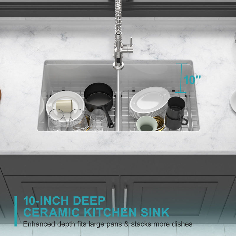 32" Undermount Double Bowl Kitchen Sink Rectangular Deep Dual Bas With Grids - White