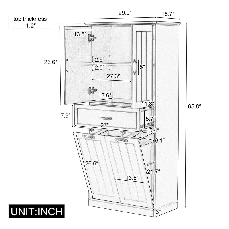 Modern Bathroom Storage Cabinet With Two Laundry Baskets, One Drawer, Adjustable Shelf