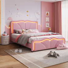 Load image into Gallery viewer, Upholstered Platform Bed &amp; Curve Shaped And Height Adjustable Headboard, LED Light Strips
