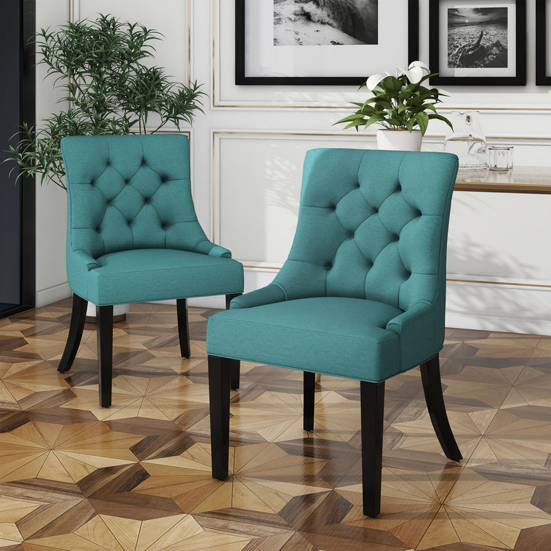 Dining Chair (Set of 2) With Upholstered Diamond Tufting And Espresso Birch Legs - Teal