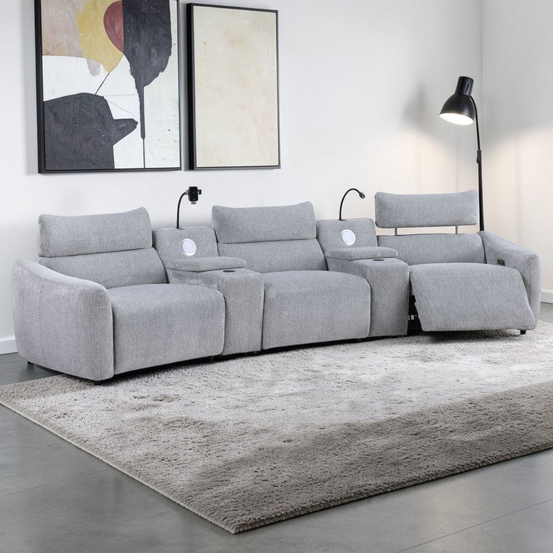 Fullar - Modular Power Motion Sectional Sofa With Console, 2 Wireless Chargers, 4 Cupholders, And 2 Speakers, 1 Phone Holder And 1 Reading Light, Adjustable Headrest - Light Gray