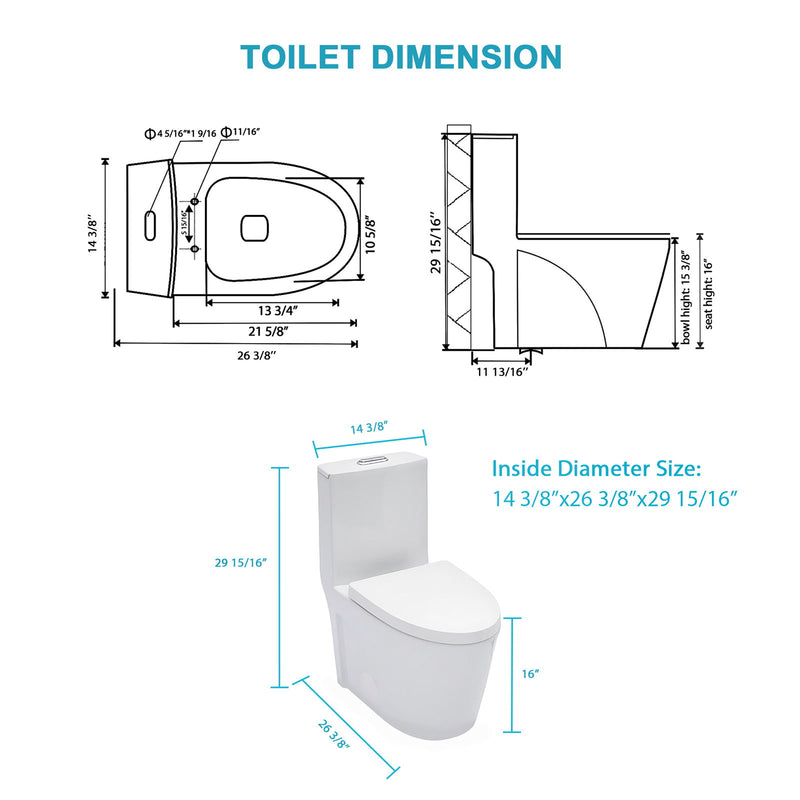 1 Piece Toilet For Bathroom, Dual Flush 1.24 / 1.6 Gpf, Soft Closing Seat - White