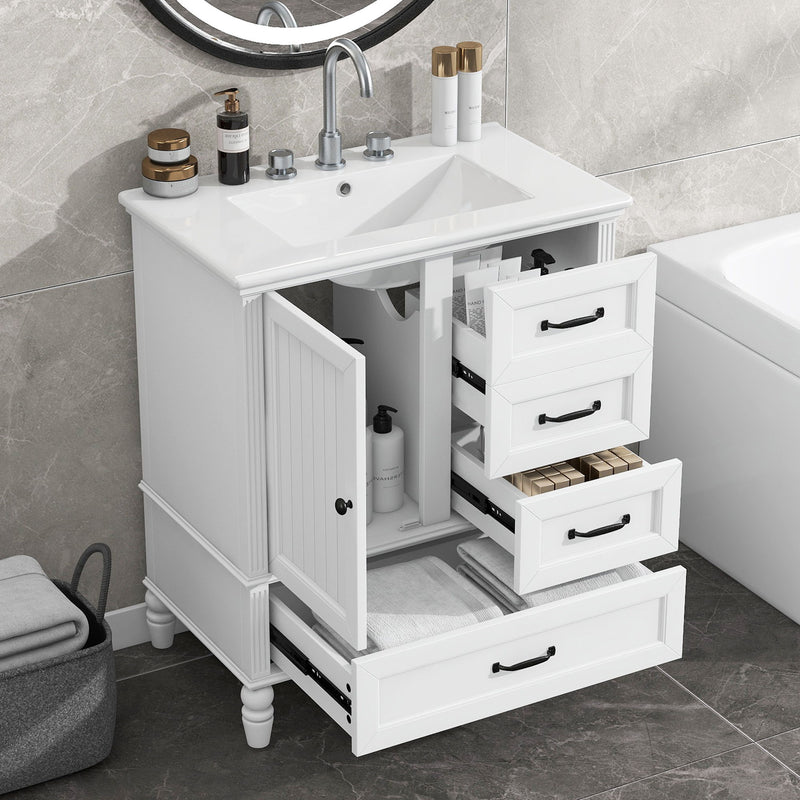 30" Bathroom Vanity With Sink, 3 Drawers, Adjustable Feet
