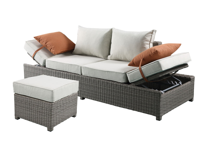 Salena - All Weather Wicker Patio Sofa & Ottoman With 2 Toss Pillows - Gray / Beige