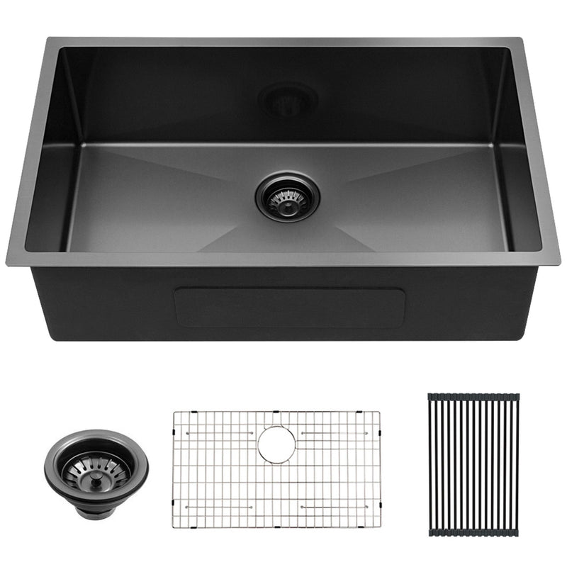 28" Undermount Kitchen Sink 16 Gauge 10" Deep Single Bowl - Gunmetal Black