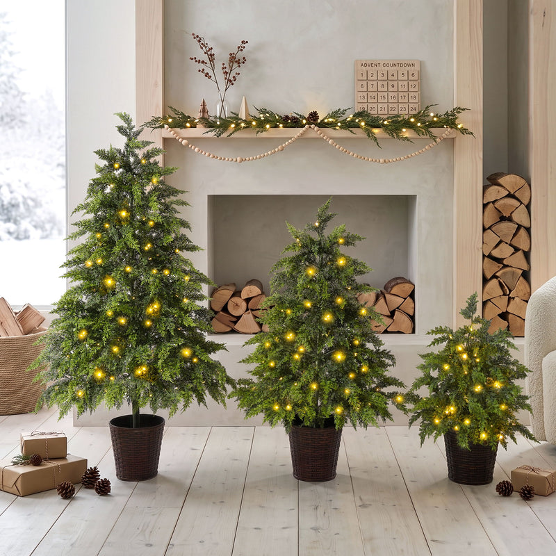 3 Piece Pre Lit Christmas Tree Set With Warm Glowing LED Lights, Sturdy Potted Base, Full Cascading Branches - Green